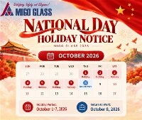 MIGO Glass 2026 Çin Ulusal Günü Tatil Bildirimi